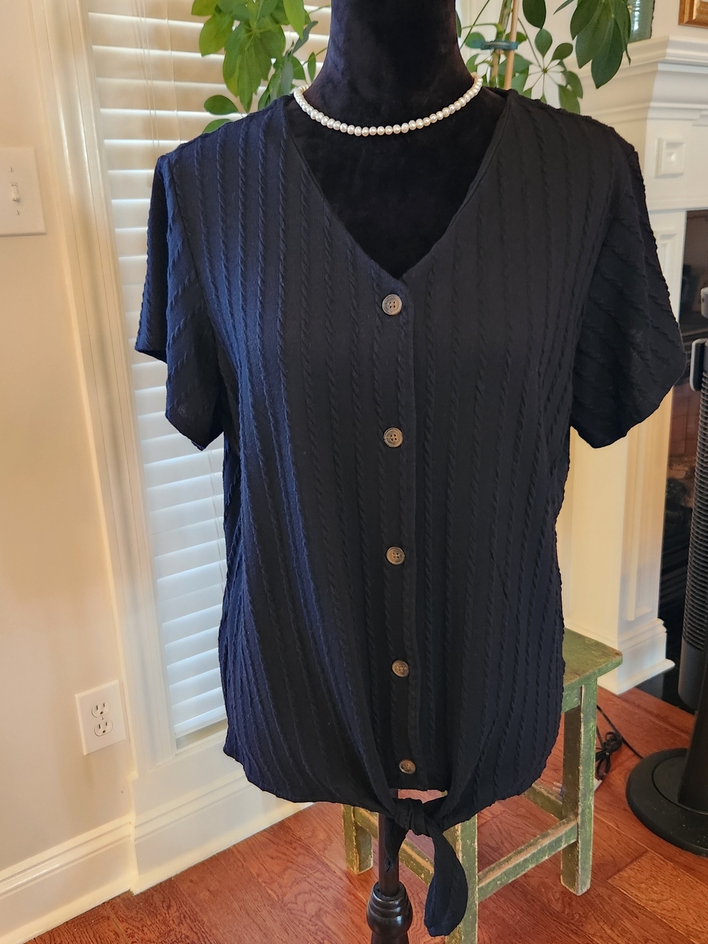 Weatherproof Navy Short-Sleeve Button-Front Tie Hem Top